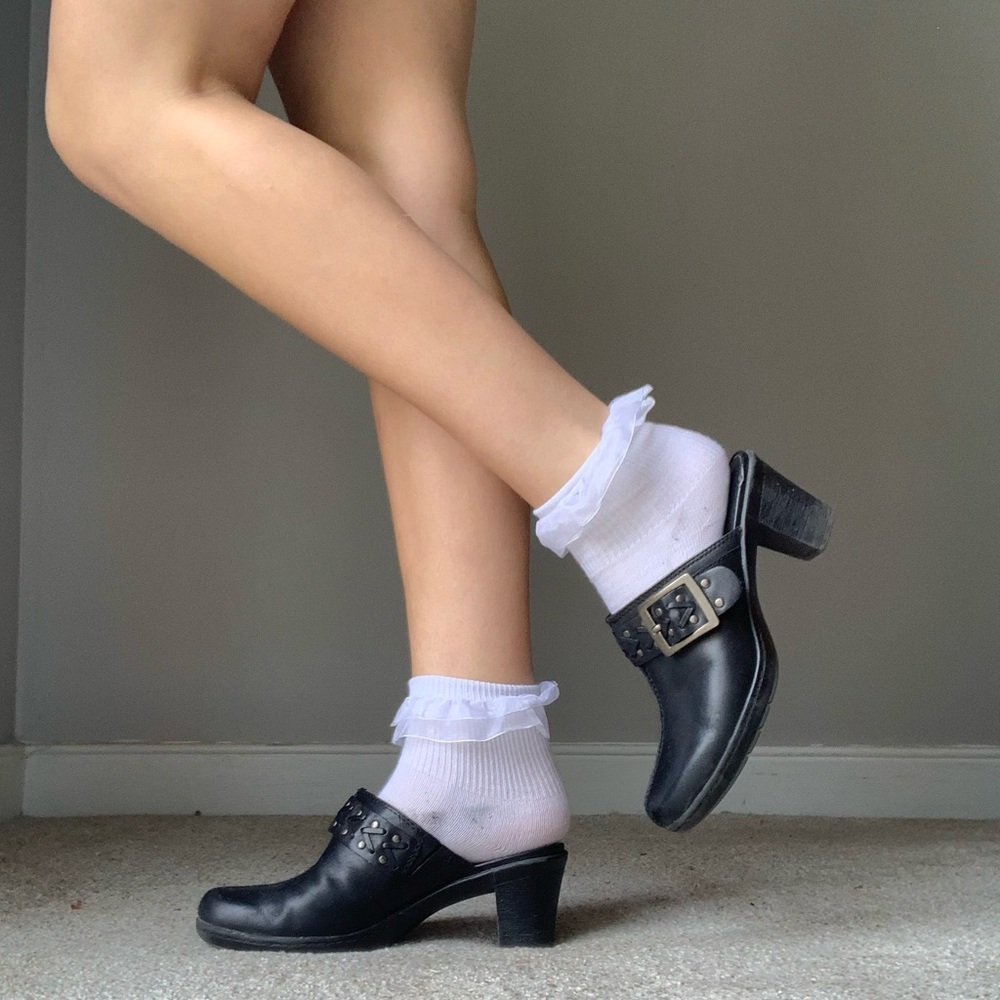 Black Clark’s leather upper mules, size 6